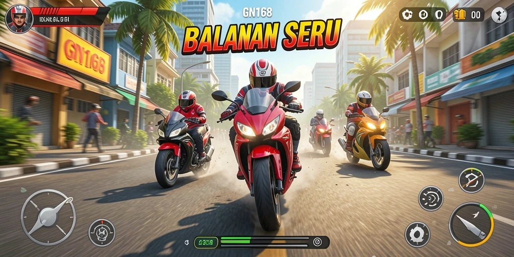 Tampilan gameplay GN168 dengan motor balap yang cepat di trek menantang.