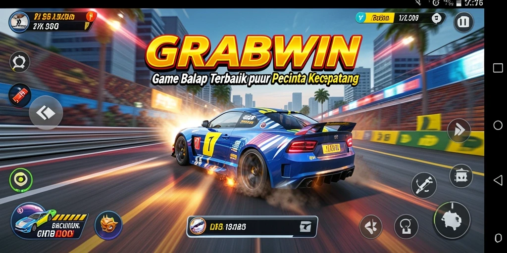 Screenshot utama GRABWIN menampilkan aksi balap yang mendebarkan.