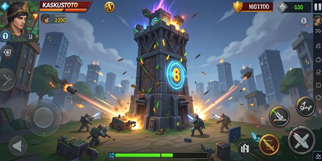 Screenshot gameplay KASKUSTOTO menampilkan pertarungan menara yang intens.