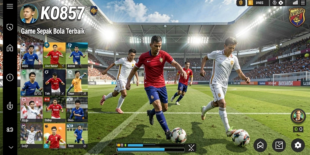 Tampilan screenshot KO857 menunjukkan pemain beraksi di lapangan sepak bola.