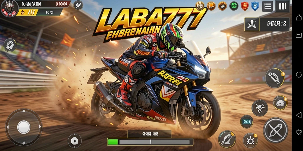 Gameplay LABA777 yang mendebarkan dengan aksi balapan motor.