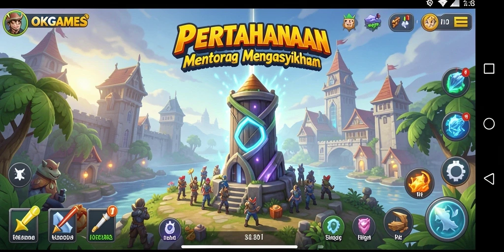 Screenshot gameplay OKGAMES dengan menara yang menaklukkan musuh.