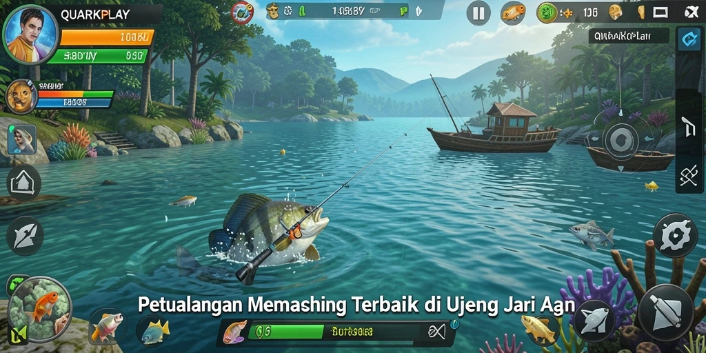 Tampilan gameplay QUARKPLAY yang mendebarkan saat memancing ikan.