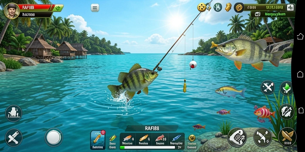 Screenshot gameplay <strong>RAFI88</strong> saat menangkap ikan di laut yang indah.