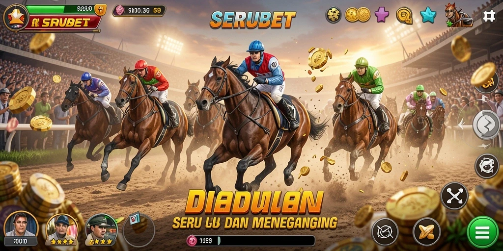 Screenshot SERUBET menunjukkan balapan mendebarkan dengan grafik berkualitas tinggi.