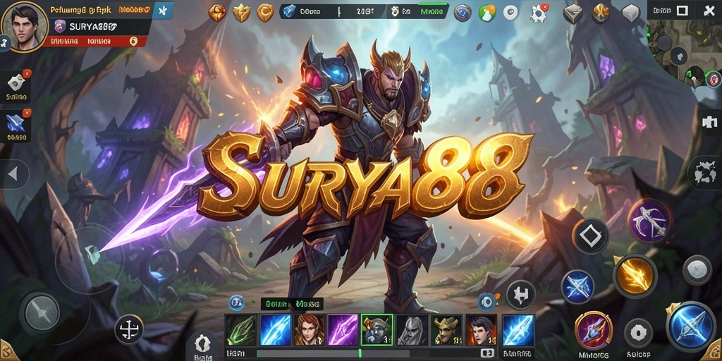 Screenshot gameplay <strong>SURYA88</strong> menampilkan pertempuran epik di dunia fantastis.