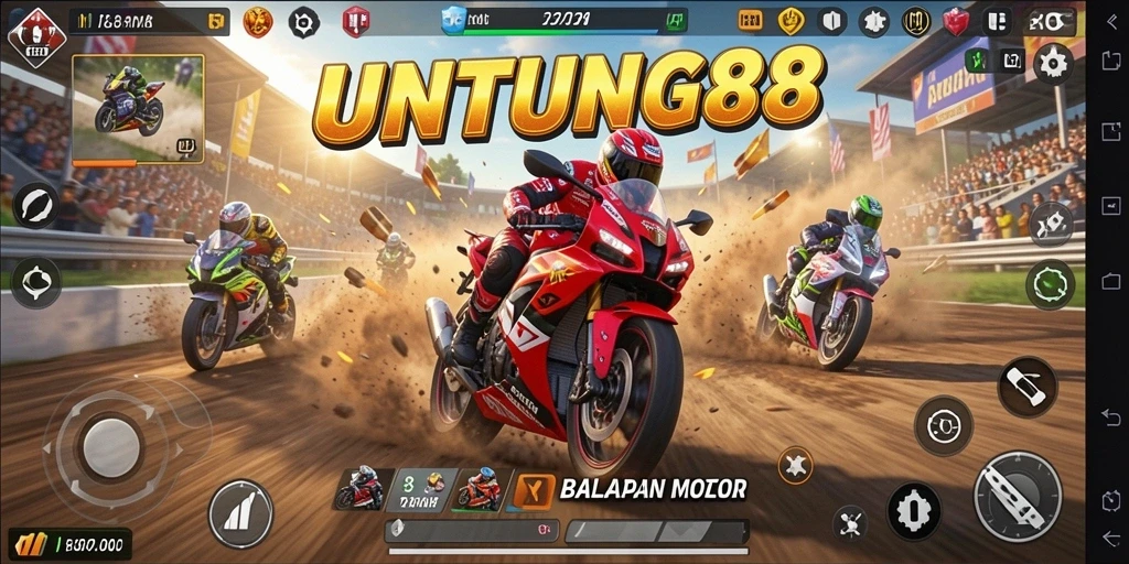 Screenshot UNTUNG88 menunjukkan motor balap di lintasan yang dinamis.